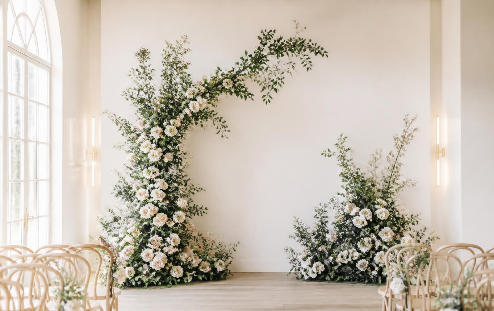 A softly lit ceremony aisle lined with white and blush florals