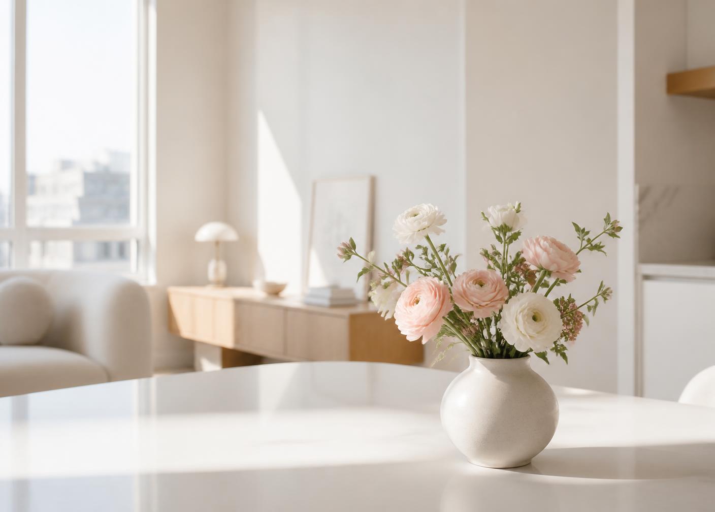 Fresh blush flowers in a small vase in a sunlit apartment